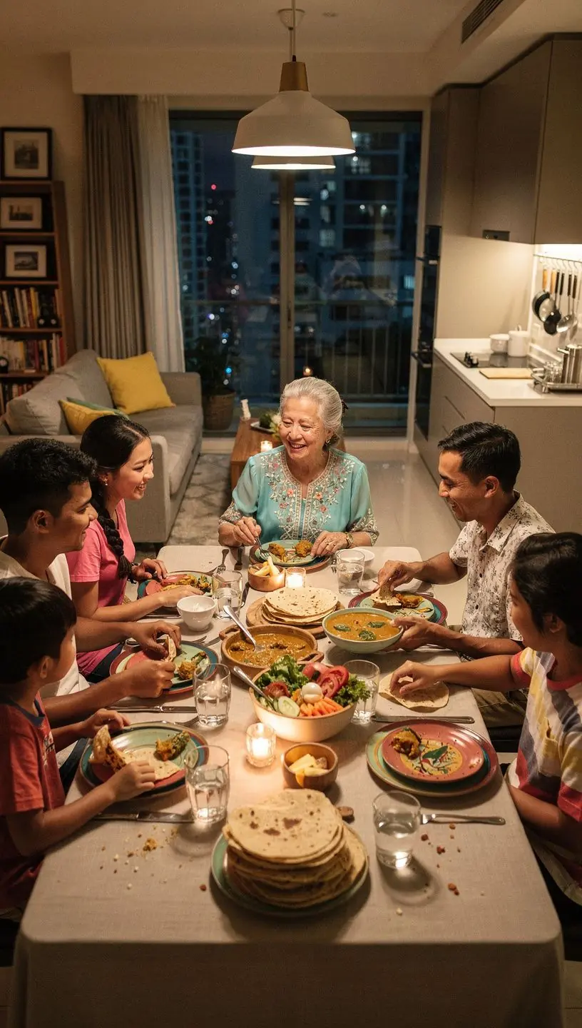 A bowl of traditional laksa featuring plant-based noodles, aromatic broth, and an assortment of fresh vegetables and herbs, served steaming hot.